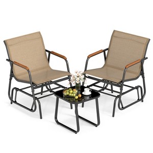 Tangkula 3 Piece Outdoor Gliding Set w/ Tempered Glass Coffee Table Teak Wood Armrests - 1 of 4