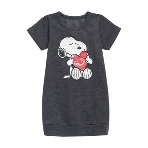 - Peanuts - Snoopy With Heart Graphic Short Sleeve Fleece Dress - 1 of 3