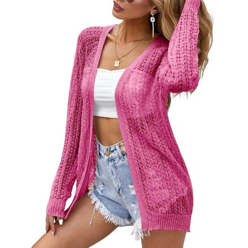 Women Crochet Lightweight Cardigan Cover Up Open Front Long Sleeve ...