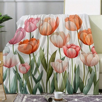 Vintage Tulip Floral Flannel Throw Blanket - Soft, Warm & Cozy For Couch, Bed, Car, Office, Camping | All-Season Gift Idea