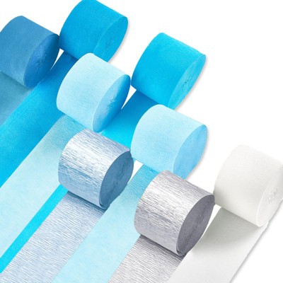 PartyWoo Crepe Paper Streamers Blue Gradient Silver White 8 Rolls 656 ft 1.8Inch x 82Ft Rolls