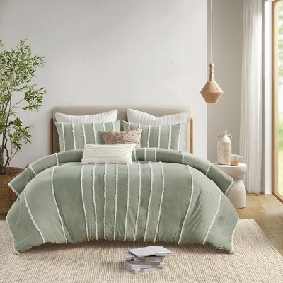 3 Pcs 100% Cotton Comforter Set, Jacquard Ultra Soft Textile Boho Style Stripe Design Bedding Set, OEKO-TEX Certified Bed Set with Matching Shams
