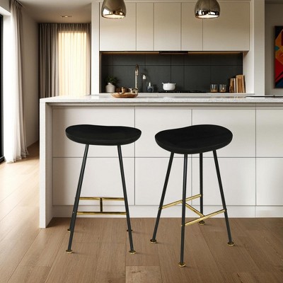 Royal Hampton 24" Backless Barstool with Handcrafted Mango Wood Saddle Seat | PVD Coating | Gold Footrest | Iron Legs