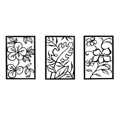 Cinq 3 Piece Set Wall Decor, Floral Hollow Out Abstract Design, Black Rectangular Metal Frame