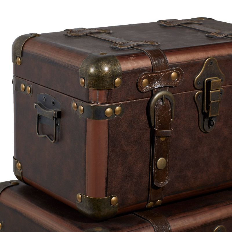 Set of 3 Traditional Faux Leather and Wood Storage Case Trunks Brown - Olivia &#38; May, 5 of 14