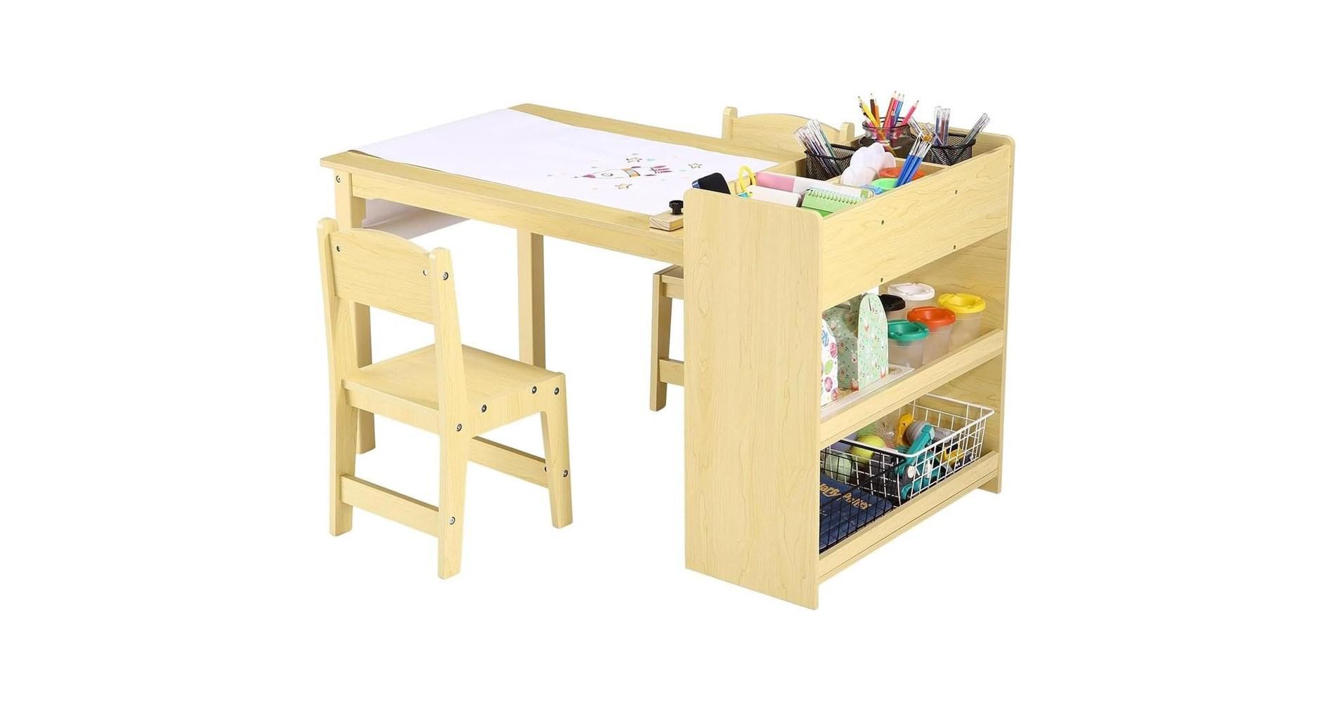 Drawing Table, Kids Art Table Set With Chairs And Storage Racks, for Children's Crafting, Painting, for Nursery, Kindergarten, Yellow