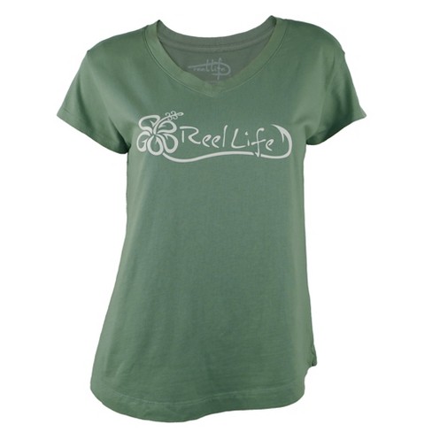 Reel Life Women's Ocean Washed Hibiscus Hook V-Neck T-Shirt - XL - Lily Pad