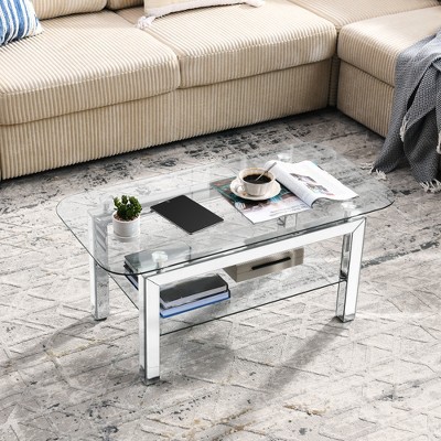 Vynxaria Rectangle Tempered Fiberglass Coffee Table with Mirrored Stainless Leg and Lower Shelf,20"D x 40"W x 18"H,Silver