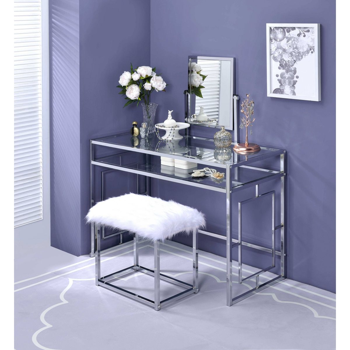 Acme Furniture Carenze Ii Vanity Table White Faux Fur/Chrome Finish - thumbnail 2
