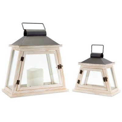 Melrose Set of 2 Cottage-Style Distressed White and Black Pillar Candle Lanterns