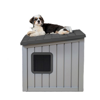 SEVOBAL Pet Crates and Houses Slanted Roof Pet House Two Entry Doors Rain Protection Simple Setup for Indoor Outdoor Use, Gray, 24.65"*21.5"*22.21"