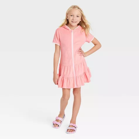 Girls' Hooded Terry Zip Swimsuit Cover Up Dress - Cat & Jack™ Coral Pink, image 1 of 4 slides