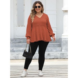 Coolmee Women's Plus Size Lantern Sleeve Sweater V Neck Doll Shirt Casual Knitted Sweater - 1 of 4