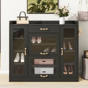 Modern Shoe Cabinet with 4 Glass Doors, 3 Hooks, Shoe Rack Storage Cabinet, Free Standing Shoe Rack Cabinet, Multifunctional Shoes Cabinet - 1 of 4