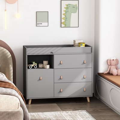 FUFU&GAGA 3-Drawer Baby Changing Table with Safety Strap & Leather Handles  Modern Family Storage Solution for Hassle-Free Parenting
