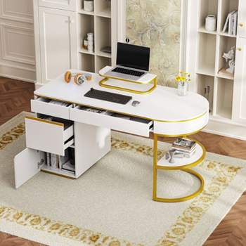 60''Modern Executive Desk, Computer Desk with Gold Metal Legs, 3-Drawers, Writing Desk with 1 Storage Cabinet for Home Office-Maison Boucle