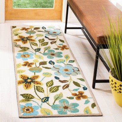 Ivory Floral Hand-Hooked Synthetic Runner Rug