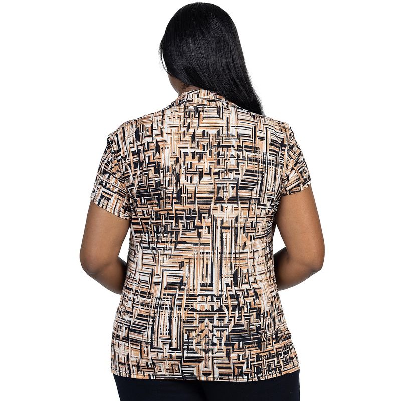 24seven Comfort Apparel Womens Plus Size Brown Print Short Sleeve V Neck Wrap Top, 3 of 7
