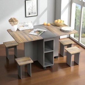 Mshliw 5-Piece Folding Extendable Dining Table Set with 4 Chairs,55" Drop Leaf Kitchen Table with Storage Shelves & 6 Wheels, Space-Saving Table Set - 1 of 4