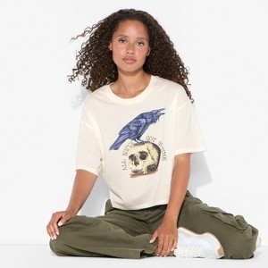 Women's Raven Boxy Cropped Short Sleeve Graphic T-Shirt - Off-White - 1 of 3