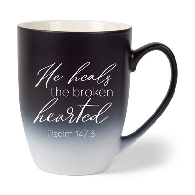 Elanze Designs He Heals The Broken Hearted Two Toned Ombre Matte Black and White 12 ounce Ceramic Stoneware Coffee Cup Mug