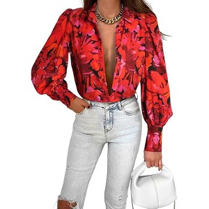 Zeagoo Womens Shirts Button Down Printed Lantern Long Sleeve Blouse Fashion Casual Tops - 1 of 4