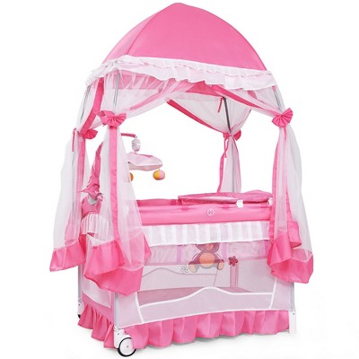 Costway 4 in 1 Portable Baby Playard Crib Bassinet Bed w/Changing Table Canopy Music Box