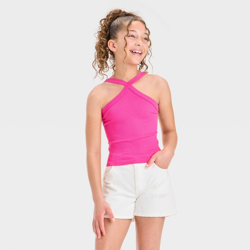 Girls' Halter Top - art class™ Pink L: Lightweight Ribbed Sleeveless Pullover, Recycled Nylon