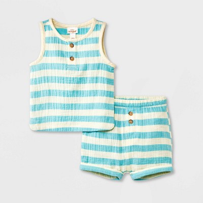 Image of Baby Striped Gauze Henley Tank Set - Cat & Jack™ Blue 0-3M