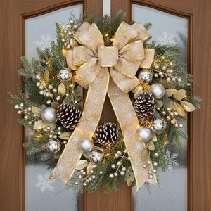 24 Inch Christmas Wreath with Lights Golden Bow Winter Wreath Silver Christmas Balls Pinecones Pine Needles - 1 of 4