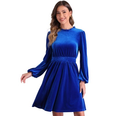 Allegra K Women's Velvet Smocked Waistline Long Sleeve Wedding Guest Dress