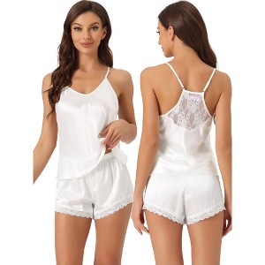cheibear Women's Satin Sliky Sleeveless Lace Trim Camisole Tops with Shorts Pajamas Sets - 1 of 4