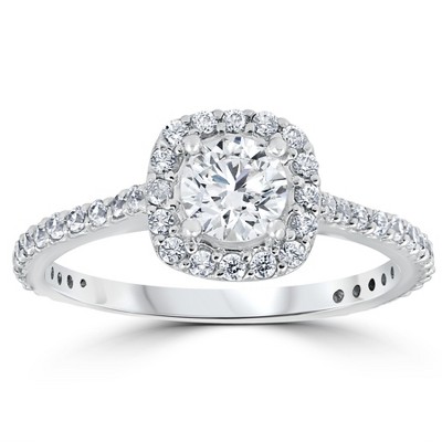 Pompeii3 1 1/5ct Round Diamond Cushion Halo Engagement Ring 10k White Gold
