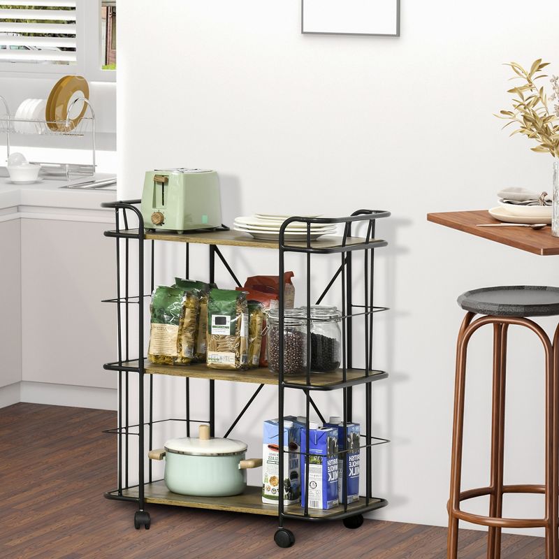 HOMCOM 25" Rolling Kitchen Cart, Kitchen Storage Trolley with 3 Shelves for Dining Room, Laundry Room, and Bathroom, Natural, 3 of 7