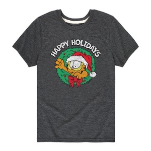 Boys' - Garfield - Happy Holidays Wreath Short Sleeve Graphic T-Shirt - 1 of 4
