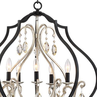 Elegant Black and Silver Cage Chandelier with Amber Crystal Accents