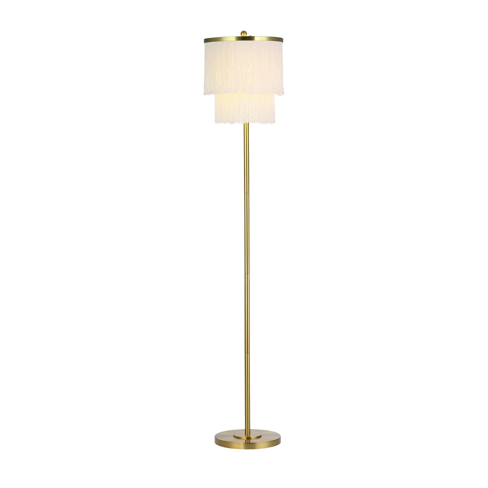 Emme Polished Metal Floor Lamp with Fringe Shade - River of Goods: Elegant Cream Drum, Gold Plated Base