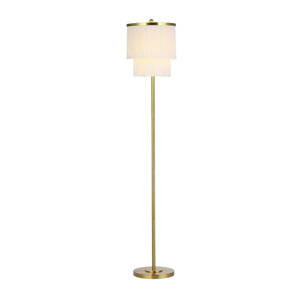 Photos - Floodlight / Street Light Emme Polished Metal Floor Lamp with Fringe Shade - River of Goods: Elegant Cream Drum, Gold Plated Base