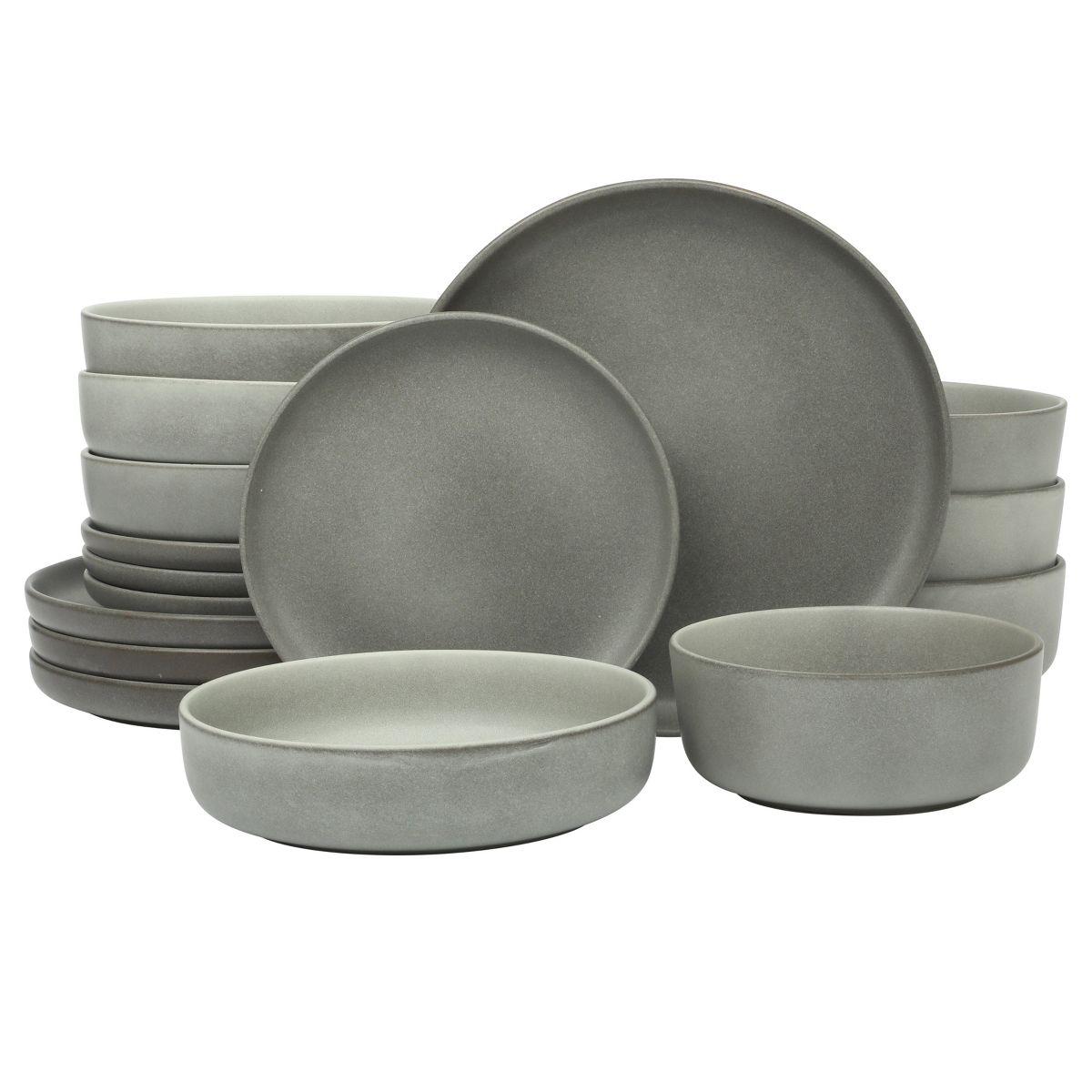 Gibson Elite Pasco 16 Piece (Service for 4) Plates and Bowls Double Bowl Reactive Glaze Dishes Stoneware Ceramic Dinnerware Set Matte Grey