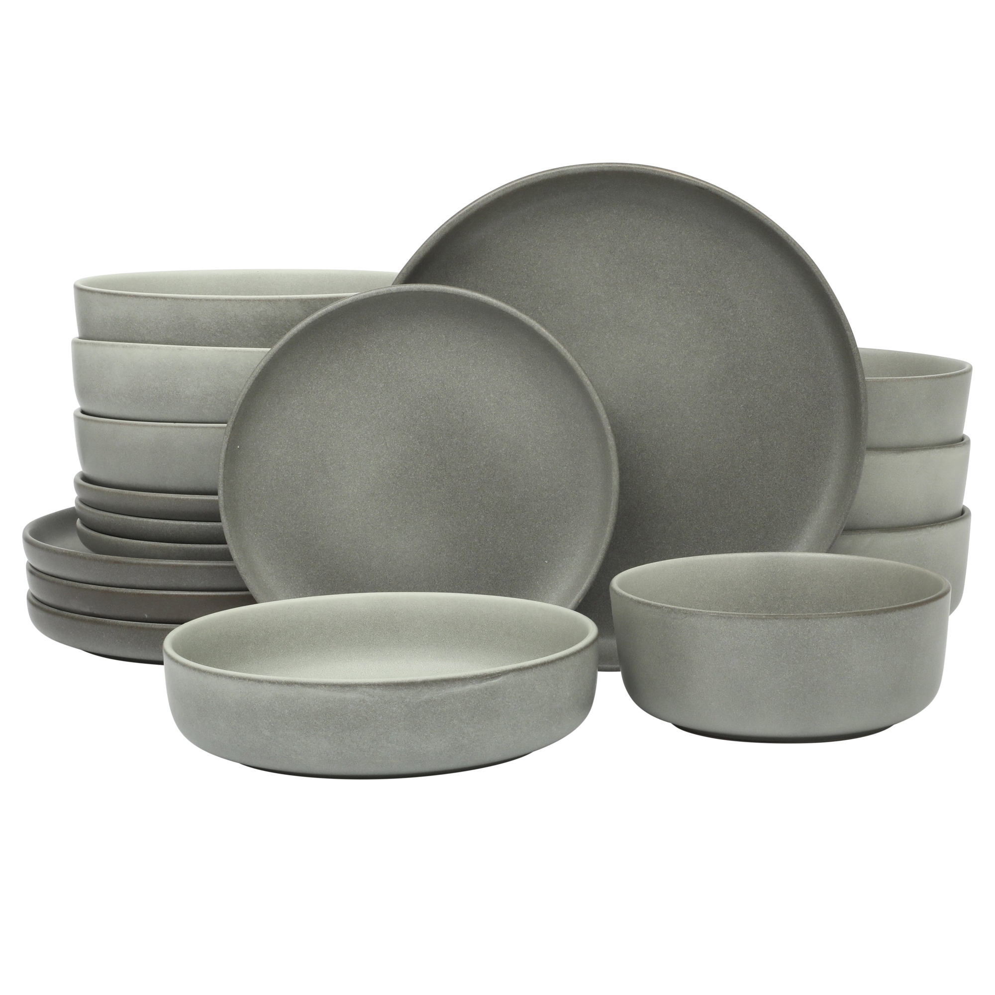 Gibson Elite Pasco 16 Piece (Service for 4) Plates and Bowls Double Bowl Reactive Glaze Dishes Stoneware Ceramic Dinnerware Set Matte Grey