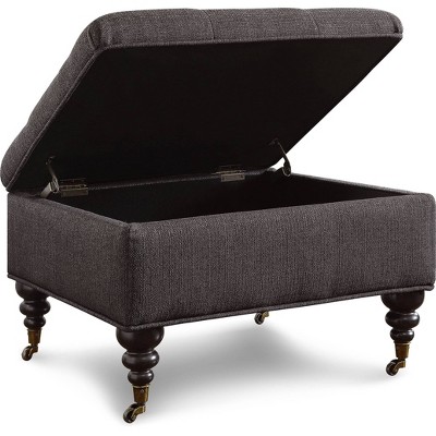 Charcoal Tufted Storage Ottoman with Turned Wood Legs
