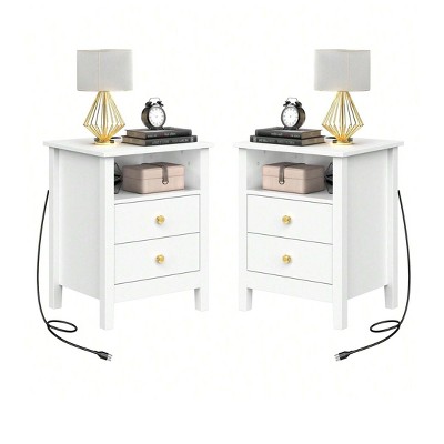 Set Of 2 Nightstand Bedside Table 2 Drawers With Charging Station And USB Ports, End Table Side Table For Bedroom, Bedside Table Storage Organizer