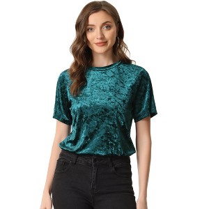 INSPIRE CHIC Women's Regular Fit Velvet Solid Round Neck Short Sleeve T-Shirt - 1 of 4