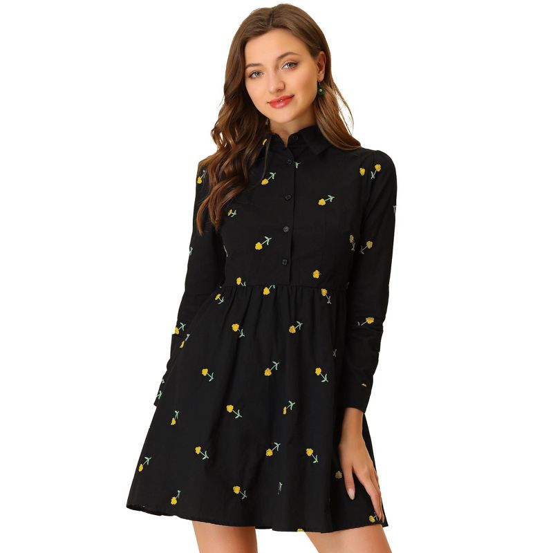 Allegra K Women's Casual Long Sleeve Half Placket Embroidered Floral Mini Shirt Dress, 1 of 7