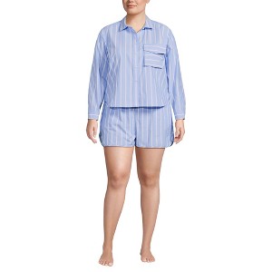 Lands' End Women's Cotton Poplin 2 Piece Pajama Set - Long Sleeve Top and Shorts with Piping - 1 of 3