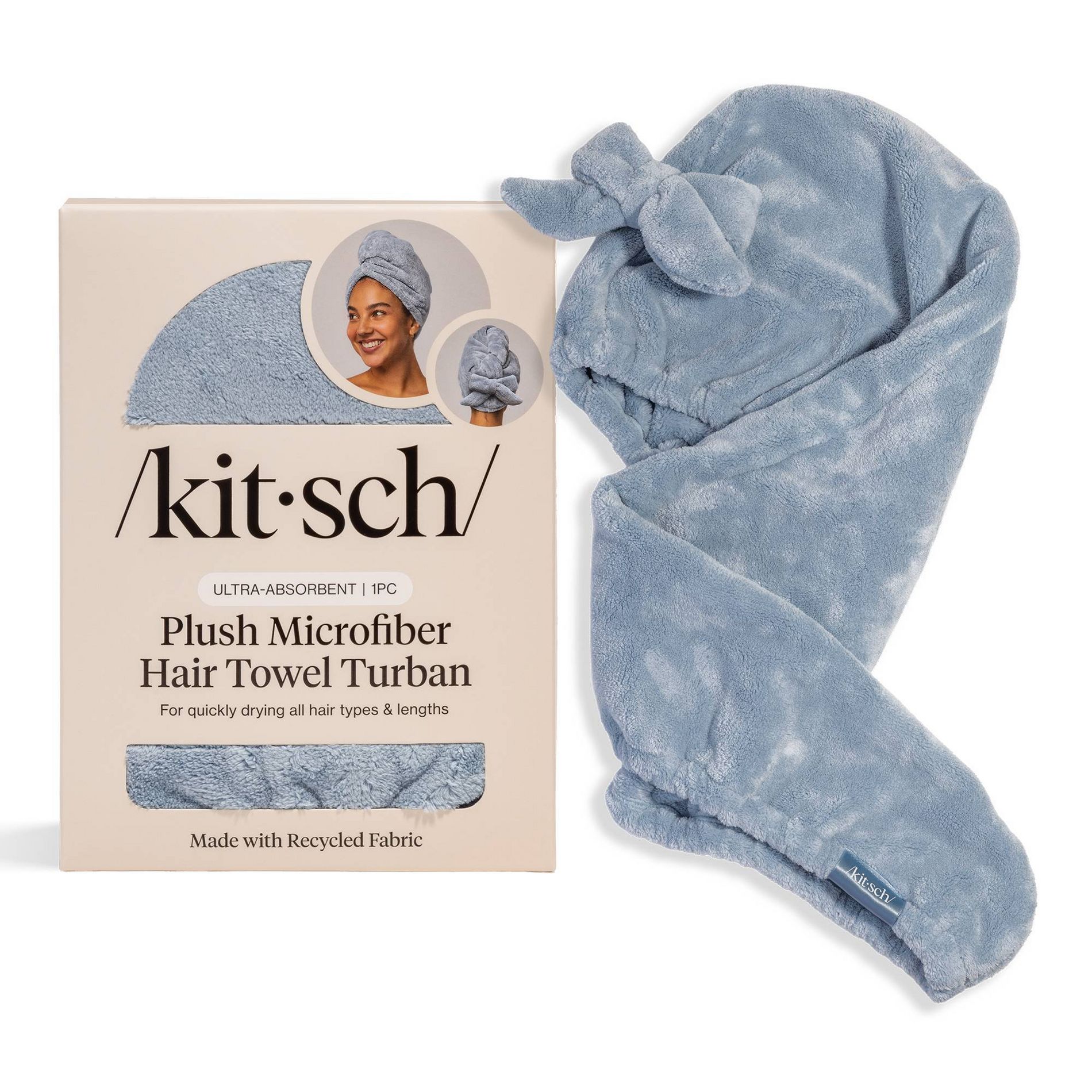 Kitsch Plush Microfiber Hair Towel Turban with Bow- Coastal Blue