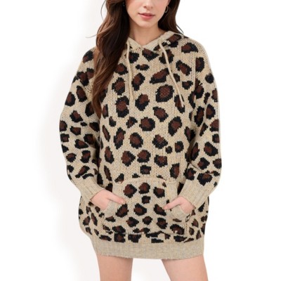 Anna-Kaci Women's Leopard Print Knit Hoodie Dress with Front Pocket