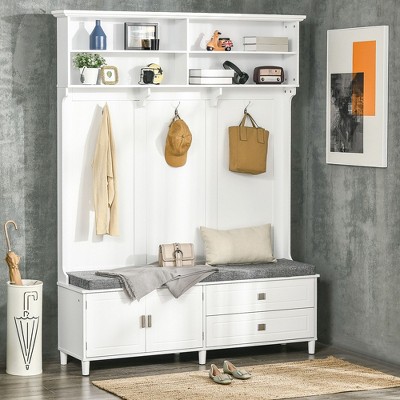 NicBex Hall Tree for Front Door Entrance with Bench, Top Storage Compartments, Storage Cabinets and Drawers, 3 Hooks for Foyer, Living Room, White