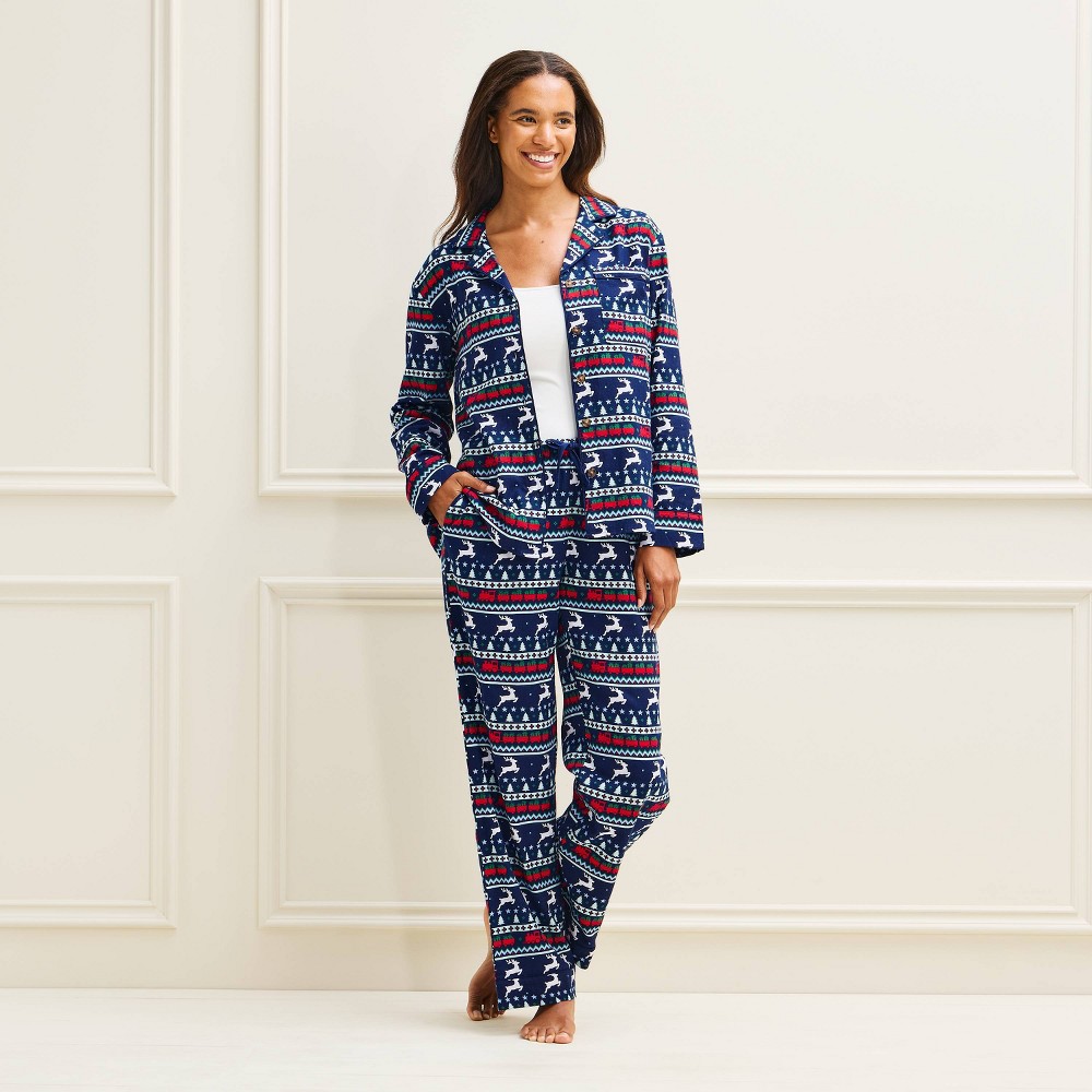 Women's Holiday Reindeer Fair Isle Flannel Matching Family Pajama Set - Wondershop™ Navy Blue L