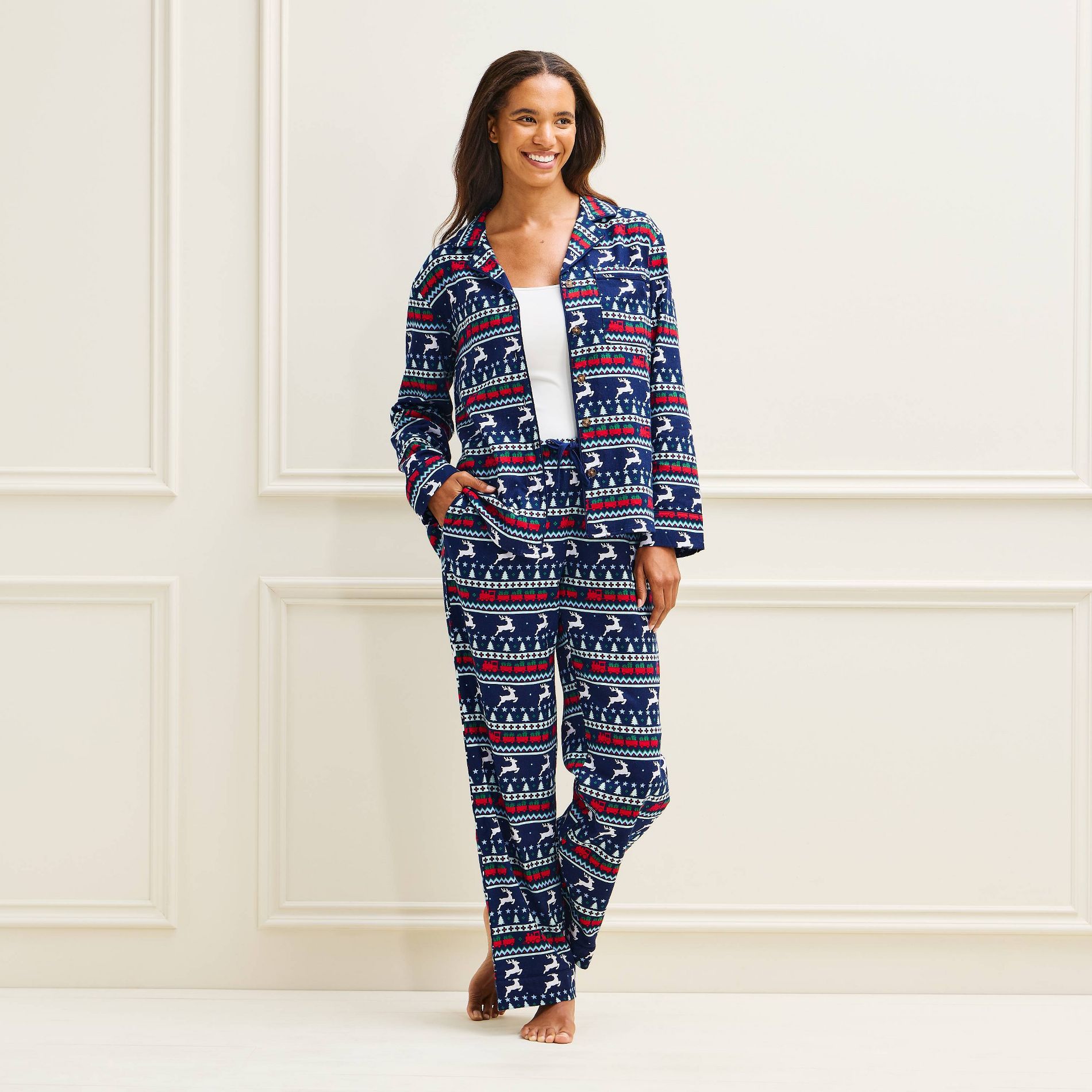 Women's Holiday Reindeer Fair Isle Flannel Matching Family Pajama Set - Wondershop™ Navy Blue XS